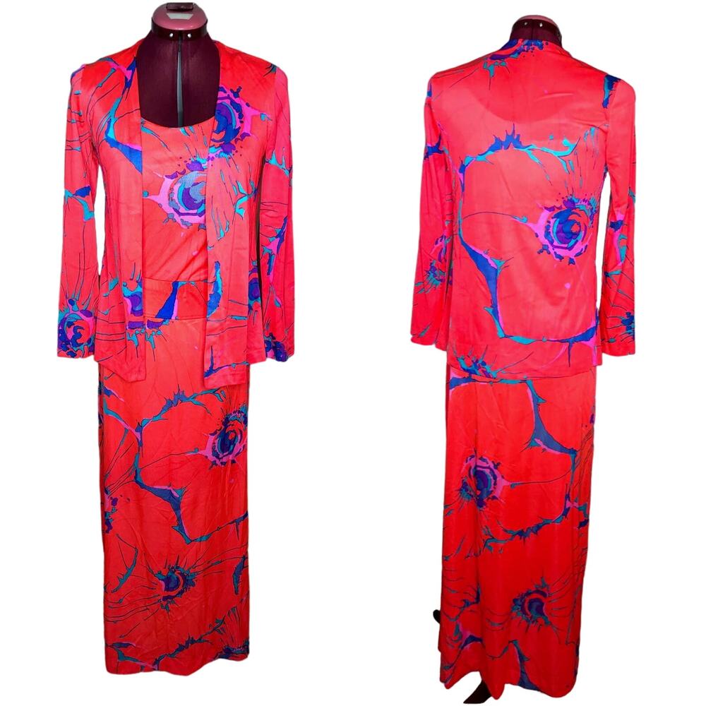 tank jacket maxi skirt set groovy nylon pink blue 1970s